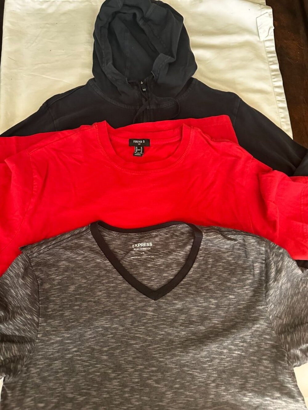 Men's Wardrobe refresh.. Nike hoodie, Forever 21 red t, Express v neck t M/L